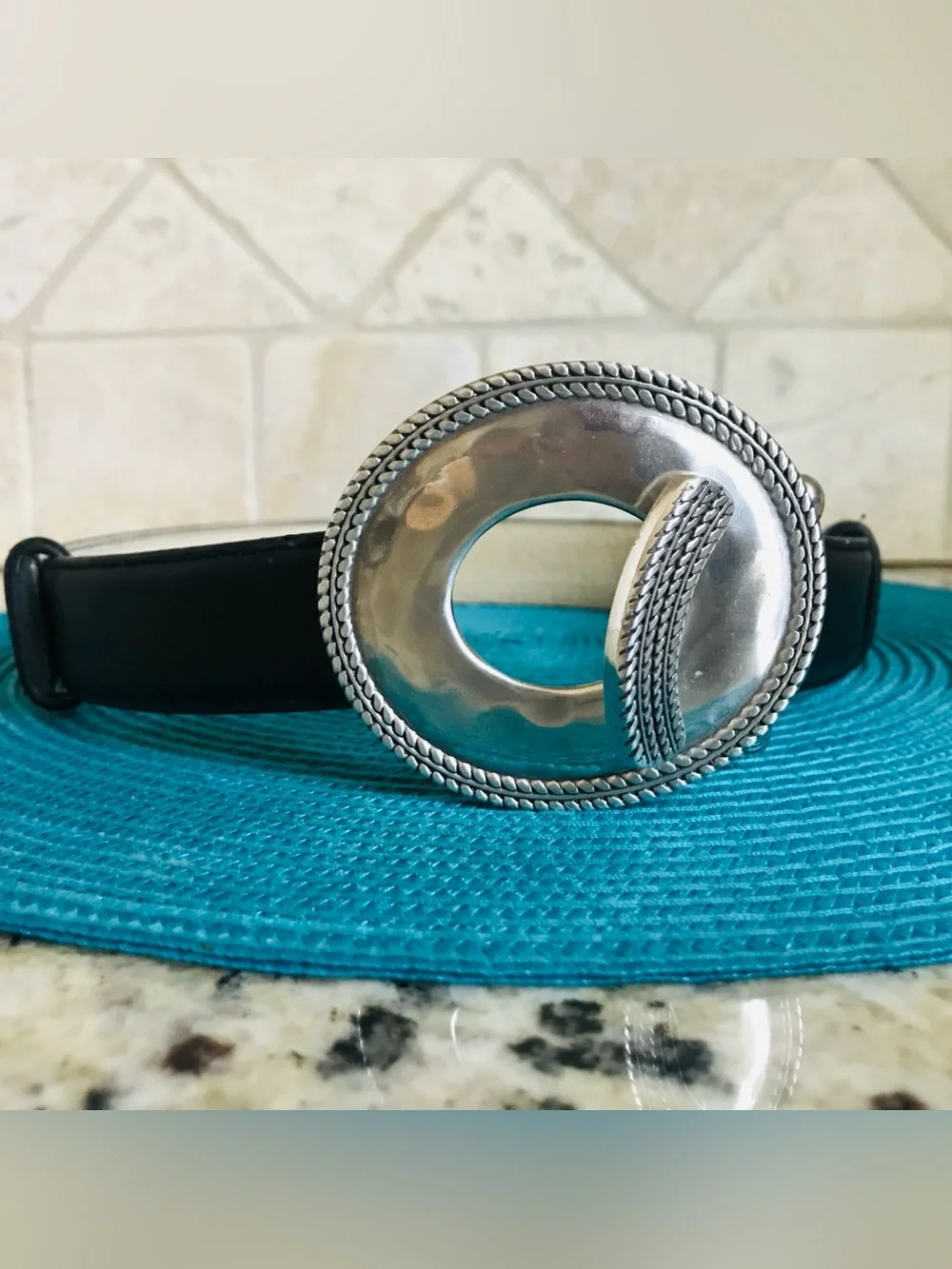 Chico’s Black Leather Belt with Silver Buckle